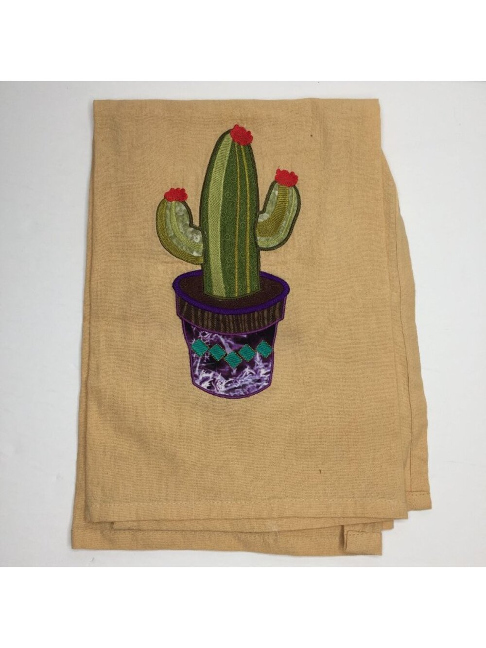 Handmade Embroidered Cactus Kitchen Hand Towel Cotton Beige Applique